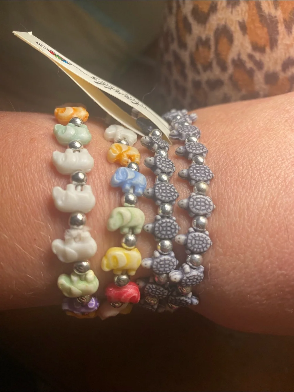 Pack of 4 Multicolor Elephant & Gray Turtle Bead Stretch Bracelets kids or adult